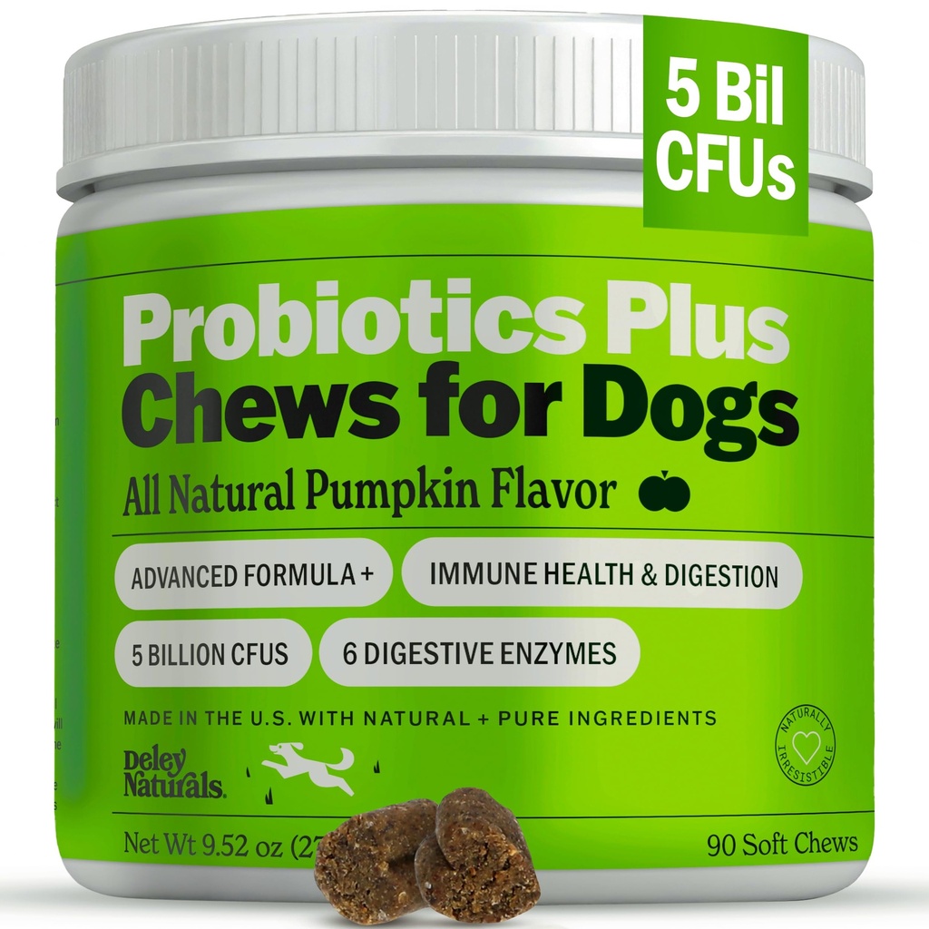 Deley Naturals Probiotics Plus Chews für Hunde, Gut Health Supplement, 5 Billion CFU's, Verdauungsenzyme, Präbiotika, Hundeallergiker, Durchfall, Hefe, Kürbis Geschmack, 90 Count - Made in USA