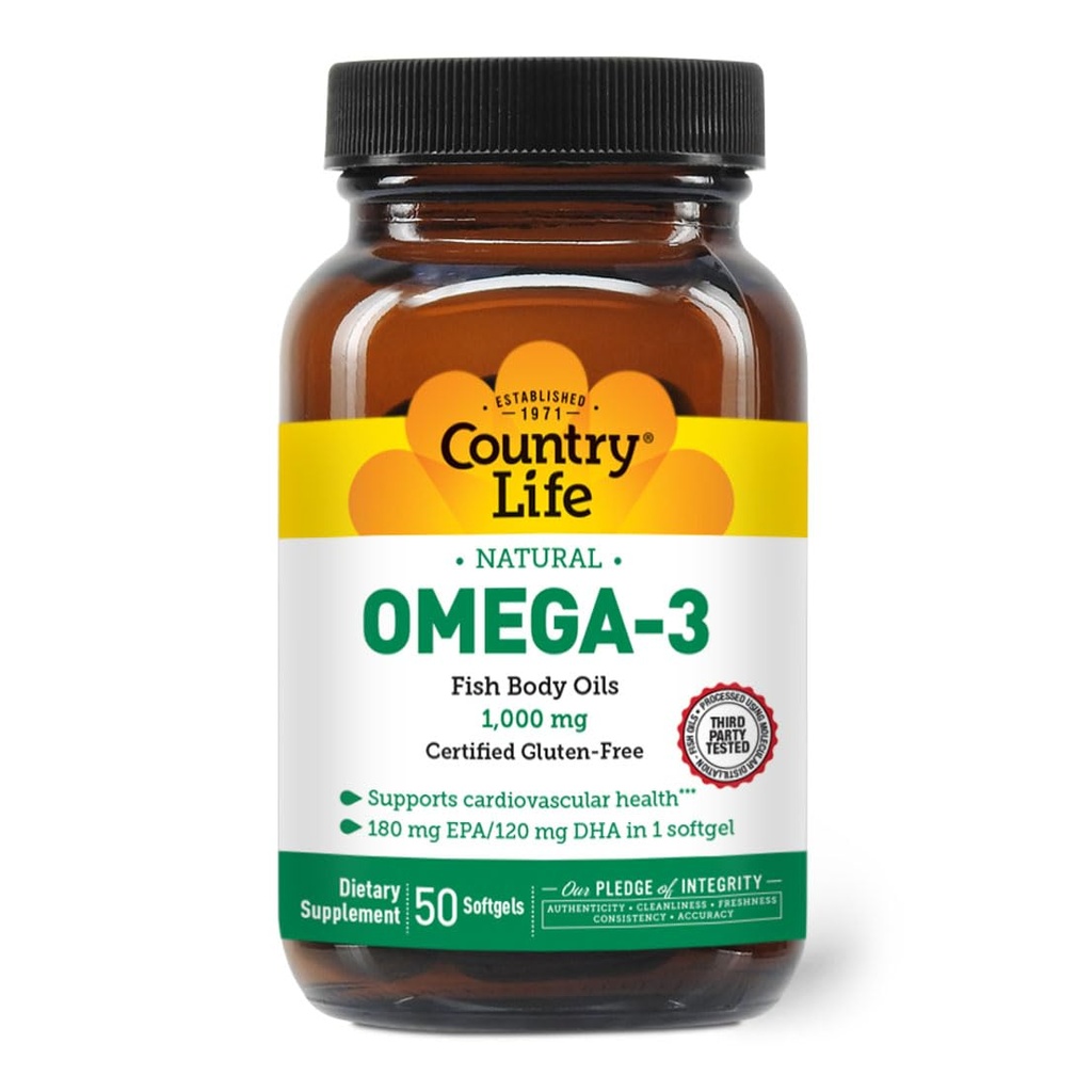 Country Life Omega-3 Supplément huile de poisson, 10000mg,180mg EPA et 120mg DHA, concentré huile de poisson, sans Burpless, 50 Softgels, certifié sans gluten