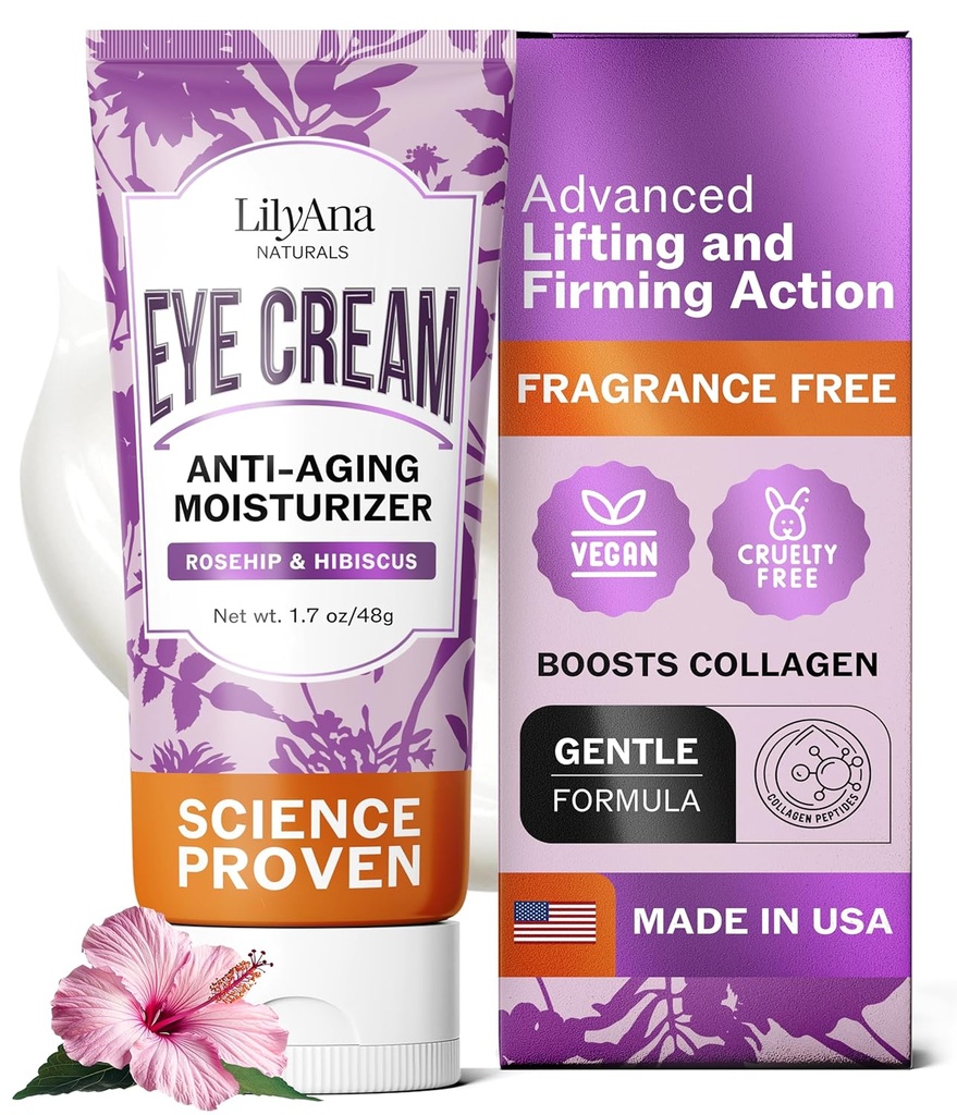 LilyAna Naturals Crème pour les yeux pour les cernes foncés et les puffines, Crème sous les yeux pour les rides et les sacs, Anti-vieillissement - aide à améliorer la sécheresse; pour la peau sensible - 1,7 oz - Fabriqué aux États-Unis