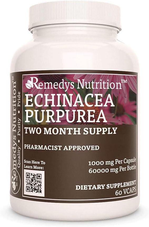 Remedys Ernährung Echinacea | 1.000 mg, 60 Vegan Kapseln pflanzliche Nahrungsergänzung | Zwei Monate Versorgung