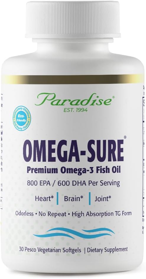 Paradise Herbs Omega-Sure, Omega-3 Konzentrat, Premium Fish Oil, DHA, EPA, Vegan, Non GMO, Glutenfrei, 30 Count Vegetarische Softgels