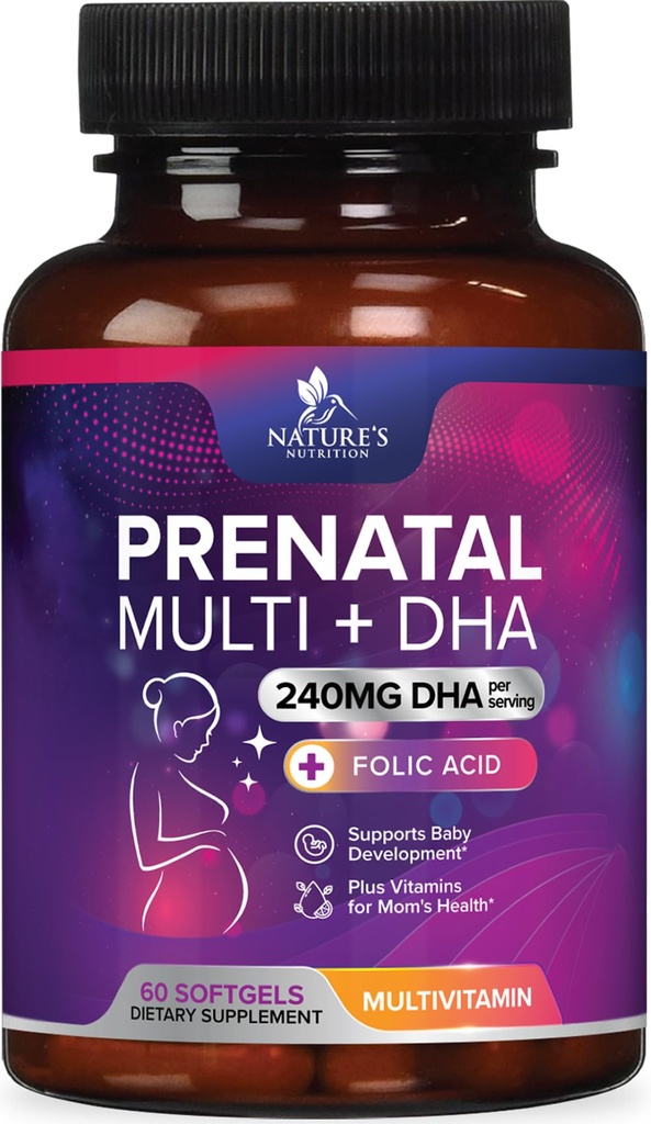 Pränatale Vitamine mit Folsäure & DHA, Fetale Gehirnentwicklung Unterstützung mit Folat & Omega 3's, Pränatales Multivitamin für Frauen, Vitamin A, C, D, B6, B12 & Eisen, Schwangerschaftsergänzung - 60 Softgels