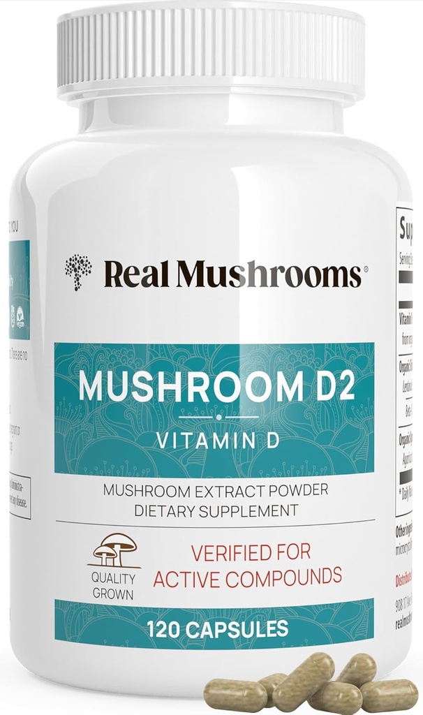 Echte Pilze Vitamin D2 von Shiitake & Agaricus – Vegane Pilz-basierte D-Ergänzung – Vitamine für allgemeine Wellness-Unterstützung– Bio, Non-GMO, 1000 IU – 120 Count Functional Mushroom