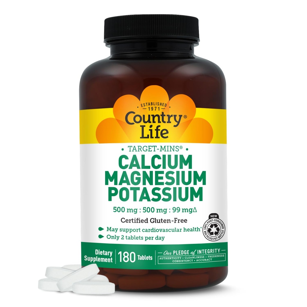 Country Life Target Mins - Calcium Magnesium Kalium Knochen & Herz Health Supplement, 1000mg Calcium, 500mg Magnesium, unterstützt Calcium-Utilisation, 180 Tabletten – Certified Gluten Free & Vegan