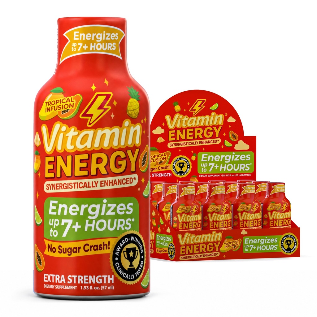 Vitamin Energy Immune+ Extra Strength Energy Shot Mango 12 Pack, 260mg Natürliche Koffein, B-Vitamine, Citicoline, Grüner Tee, Immunität und Fokus-Unterstützung, Zero Sugar, Glutenfreie 1.93 fl oz