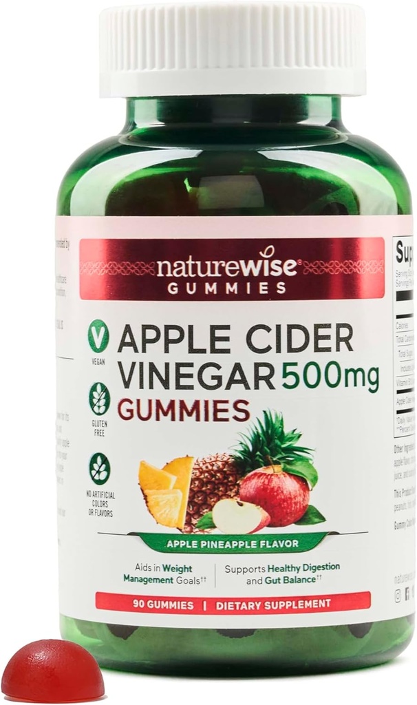 NatureWise Apple Cider Essiggummis - 1000mg ACV pro 2 + Vitamin B12 - Pectin Basierend Vegan, Glutenfrei, Non-GMO -90 Count[45-Day Supply für 1000mg oder 3-Monate für 500mg]