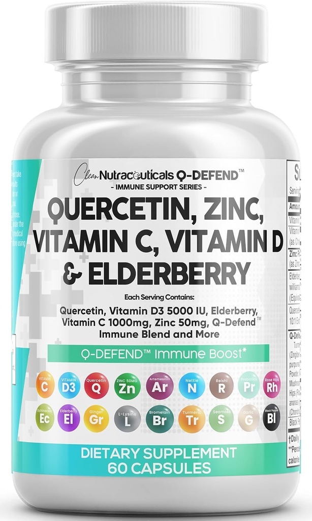Q Defend Quercetin Supplément avec Zinc Vitamine C Vitamine D Elderberry Turmeric Black Pepper Ail Ginger Sea Moss Lysine Sting Nettle Reishi Mushroom Immune Support 60 Capsules par Clean Nutra