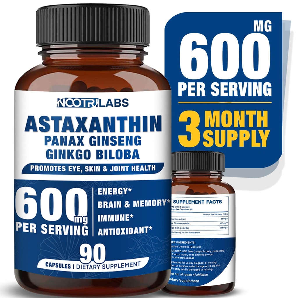 Astaxanthin 15mg + Panax Ginseng, Ginkgo Biloba Ergänzungen, 90 Vegan Kapseln, fördert Augengesundheit Energie, Herz-Kreislauf-Unterstützung + Immunabwehr und Fokus