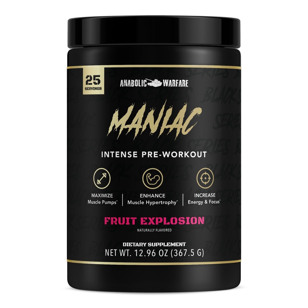 Anabolic Warfare Black Series Maniac, Pre-Workout Pulver, unterstützt Nitric Oxide, Muskelpumpen und Proteinsynthese* Fruit Explosion