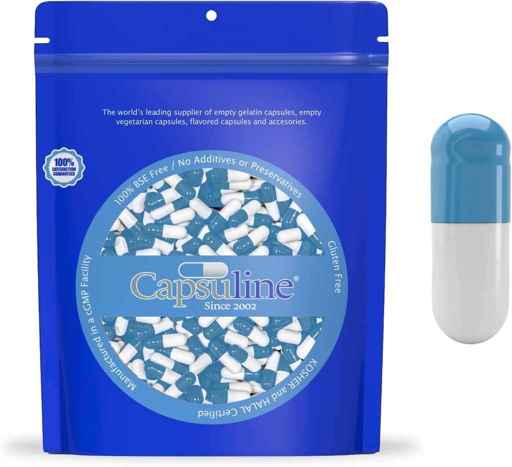 Capsuline Farbe Größe 0 Leere Gelatine Kapseln Blau/Weiß 10000 Graf |Kosher & Halal Zertifiziert |Gluten Kostenlos
