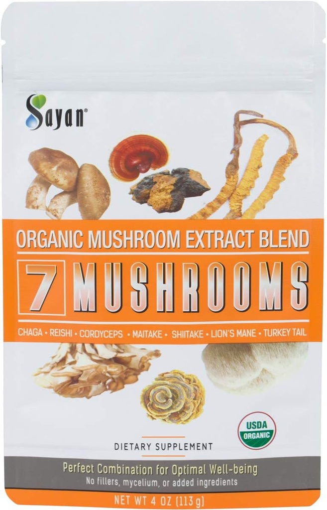 Sayan 7 Pilze USDA Bio-Extrakt-Pulver-Mischung Ergänzung 4 oz / 113g - Chaga, Reishi, Cordyceps, Maitake, Shiitake, Lion's Mane und Türkei Tail, keine Füllstoffe, Hinzufügen zu Kaffee oder Tee, Fruchtkörper