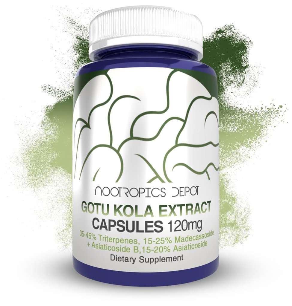 Nootropics Depot Gotu Kola Capsules d'extraits de 120mg environ 90 Compte Résistant à l'acide Centella asiatica, 35-45% Triterpenes, soutient des niveaux de stress sains, favorise l'amélioration de la mémoire