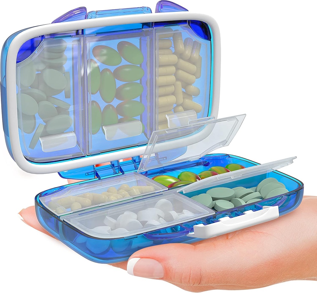 Travel Pill Organizer - Moisture Proof Portable Vitamin Holder mit 7 Komponenten, Kompakte Ergänzung Case für Geldbeutel Essential Medicine Kit für Reisen Pocket Pharmacy mit Etiketten, Blau
