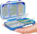 Travel Pill Organizer - Moisture Proof Portable Vitamin Holder mit 7 Komponenten, Kompakte Ergänzung Case für Geldbeutel Essential Medicine Kit für Reisen Pocket Pharmacy mit Etiketten, Blau