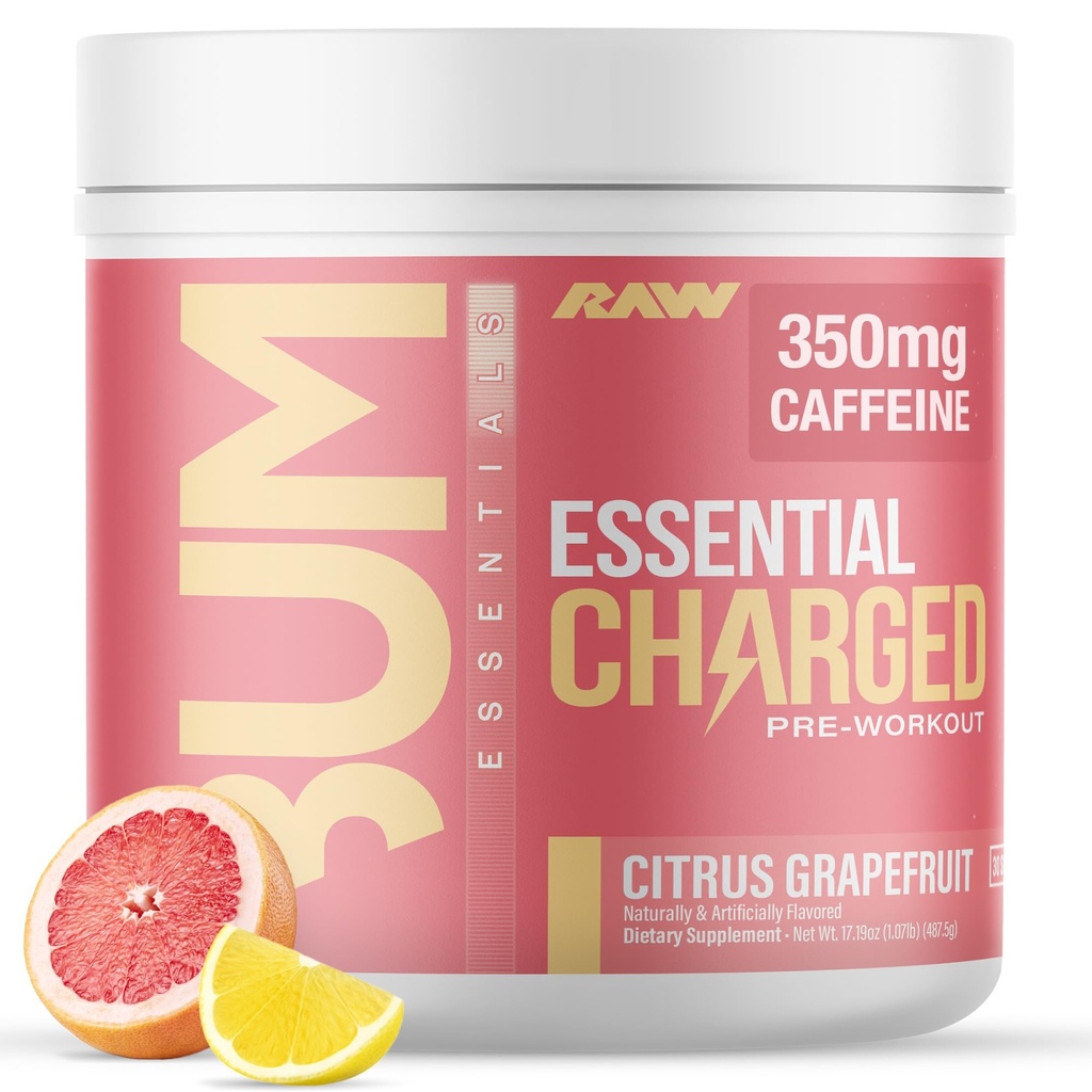 RAW Pre-Workout Powder, Essential CHARGED (Citrus Grapefruit) - Preworkout Supplement für Männer, Frauen - Unterstützt Fokus, Stimmung, Leistung - Koffein, Alpha-GPC, L-Citrulline, Beta Alanine (25 Servietten)