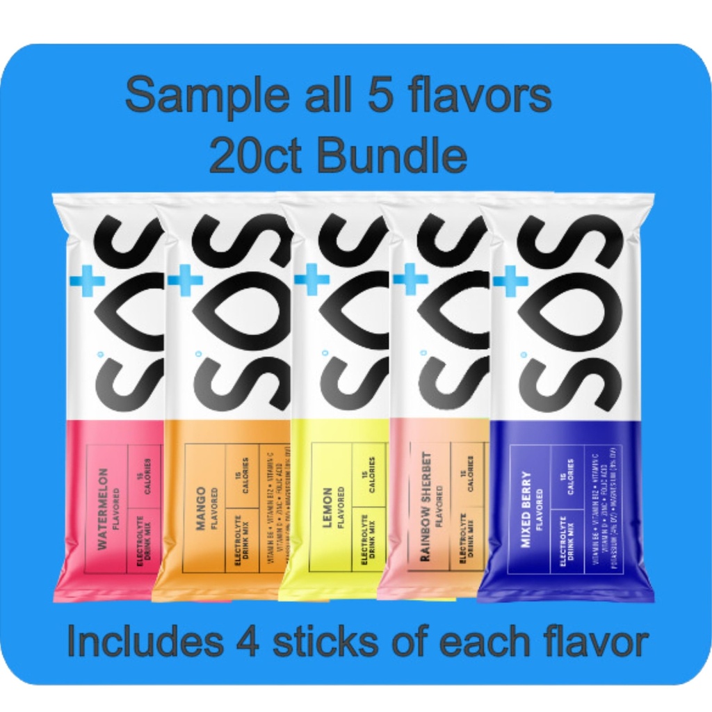 SOS Hydration, Elektrolytpulver-Packets – Low-Calorie, Low Sugar, Rapid Rehydration, Made in USA, Keto & Vegan Friendly 5-Flavor Variety Pack, 20 Sticks