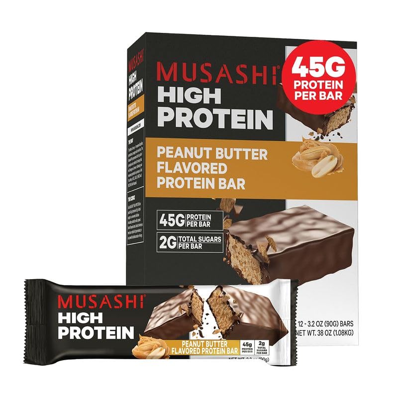 Barre à haute teneur en protéines de MUSASHI, 45g de protéines, 2g de sucres totaux, beurre d'arachide et chocolat au lait enrobé, après l'entraînement et snack de protéines sur le pouce, 12 paquets de 3,2oz (90g) barres