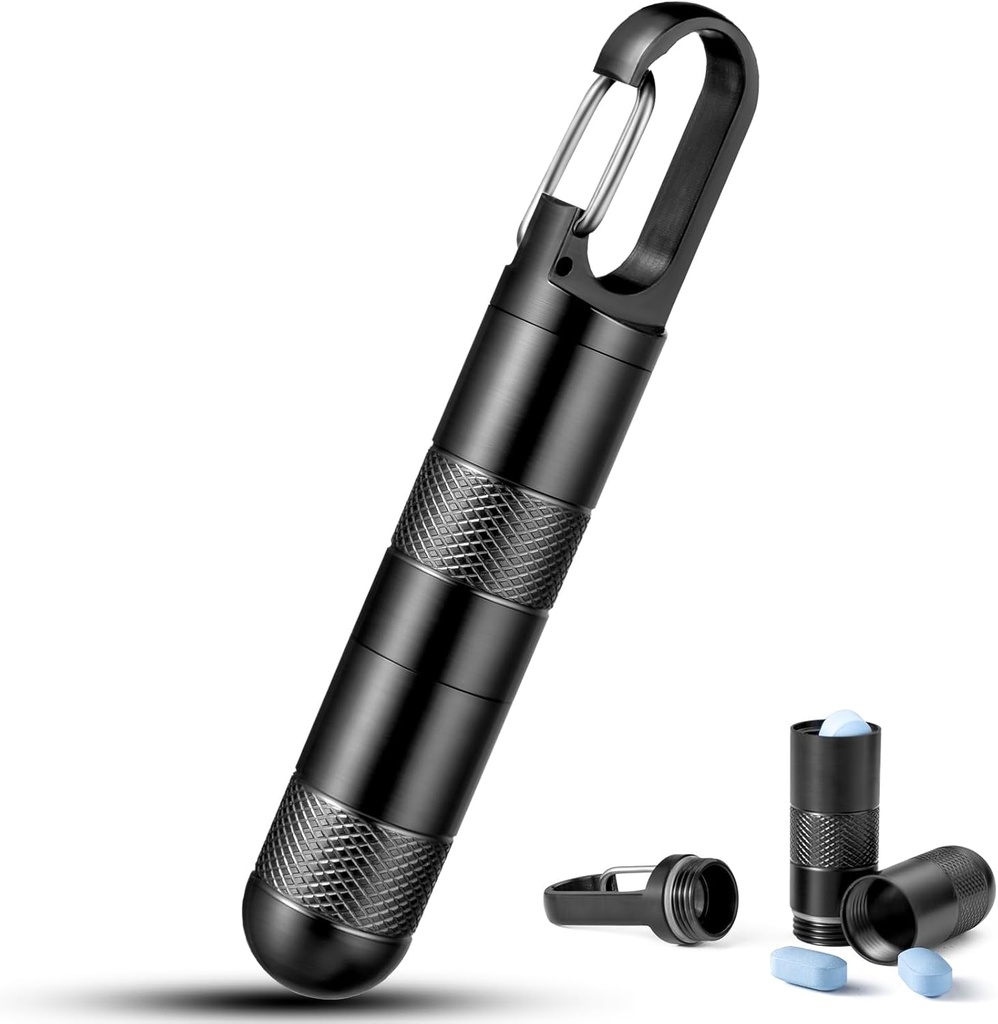 Micro Pille Halter Schlüsselanhänger Titan Pille Fall für Geldbeutel kleine Pille Container Reisen Schwarz Pille Box Medizin Flasche Organizer für Vitamin Fish Oil Supplement (Black+1 geschlossen Verlängerung Tube)