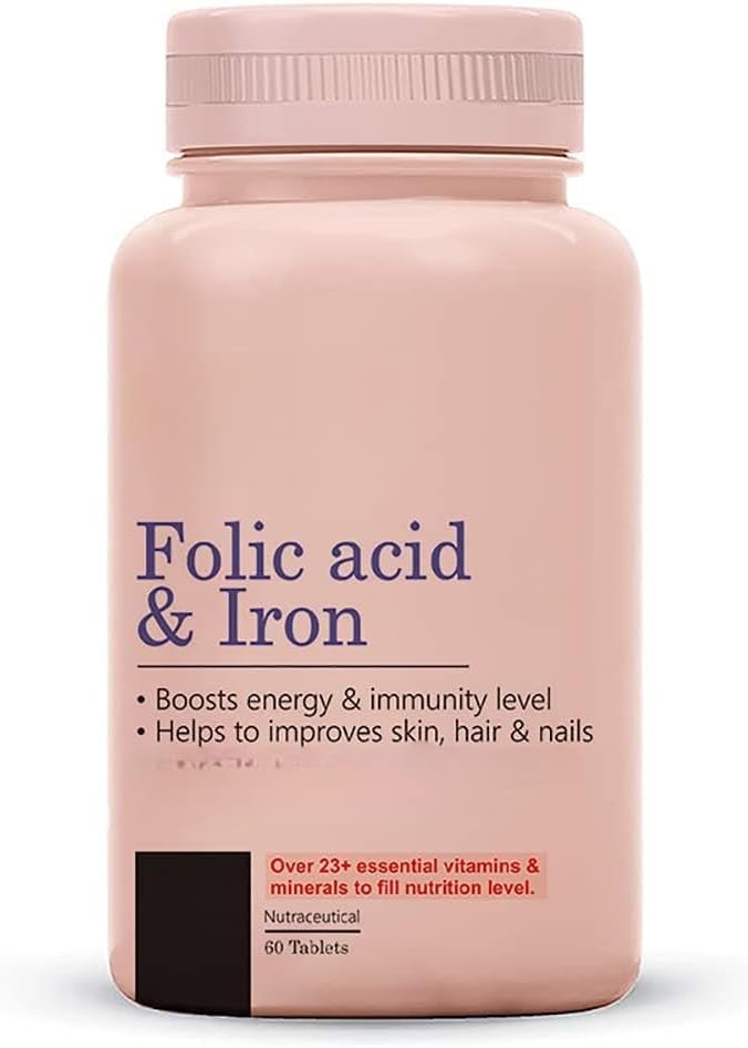 Folic Acid & Iron Supplements |Supports Pregnancy| Iron Production| Reduces Hair Fall| for Men & Womens Vegan|– 60 Tablets