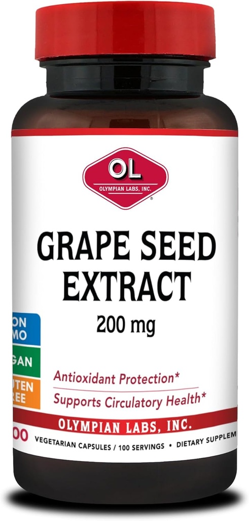 Olympians Labs Capsules d'extrait de graines de raisin - 200 mg - 100 Capsules de légumes soutenant la santé cardiaque, la protection antioxydante.