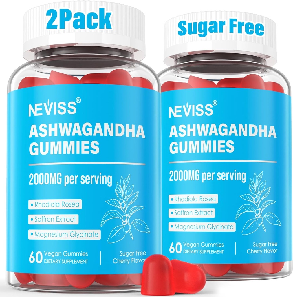 Ashwagandha Gummies, Magnesium Glycinate Gummies 2000mg für Erwachsene, Vitamin B6, Zink, Rhodiola Rosea, Zitronenbalsam, Entspannungsunterstützung, Natürliche Zzz, Gehirn, Muskel, Stamina, Energie, Zuckerfrei
