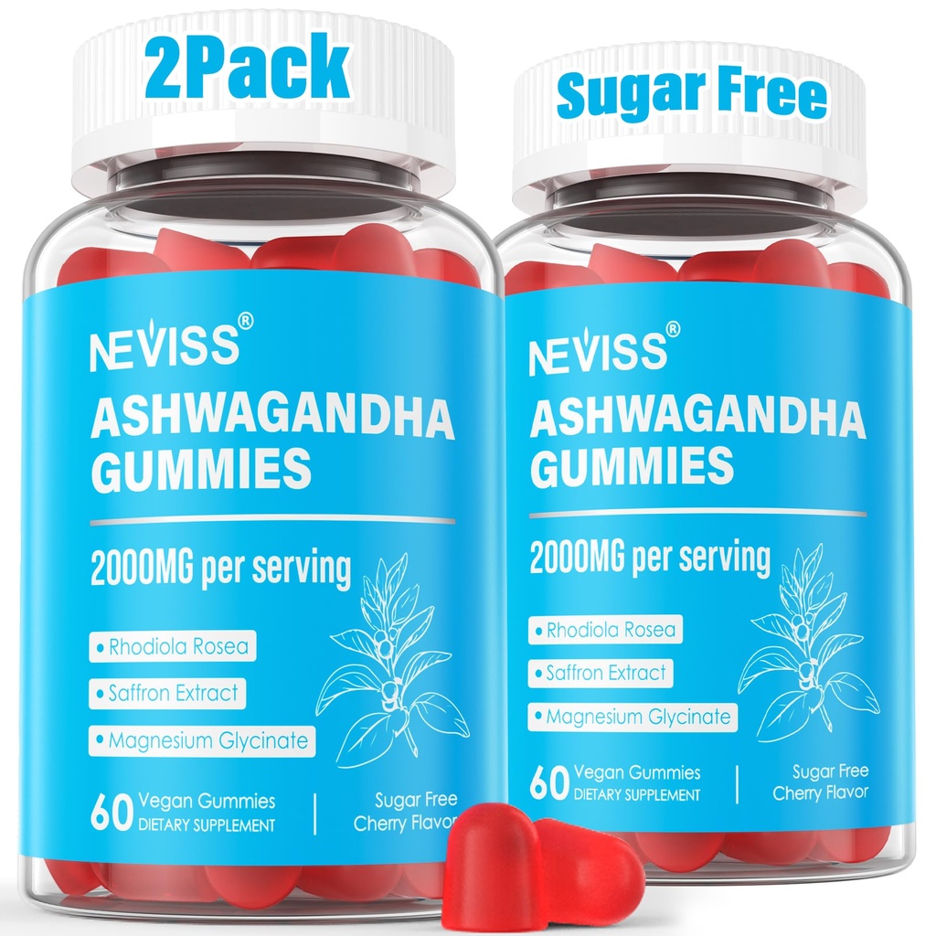 Gummies Ashwagandha, Glycinat de magnésium 2000mg pour les adultes, Vitamine B6, zinc, Rhodiola Rosea, Baume de citron, Soutien à la relaxation, Zzz naturel, Cerveau, Muscle, Stamine, Énergie, Sans sucre
