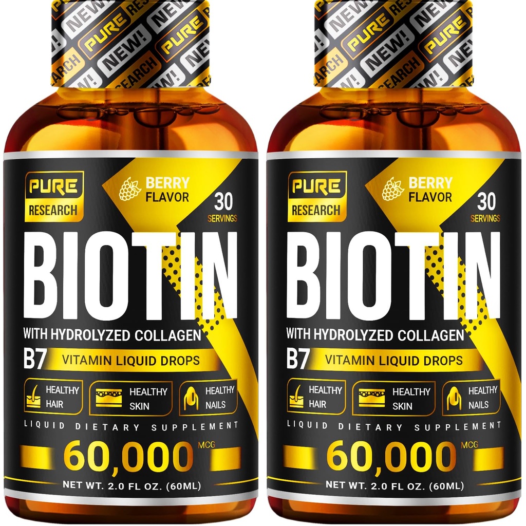 RECHERCHE SUR LA PURE Biotine et collagène 60.000mcg Pertes liquides de croissance des cheveux, soutient : Les ongles forts, la peau brillante, la croissance des cheveux sains, plus d'absorption que les capsules et les pilules (4Fl Oz)