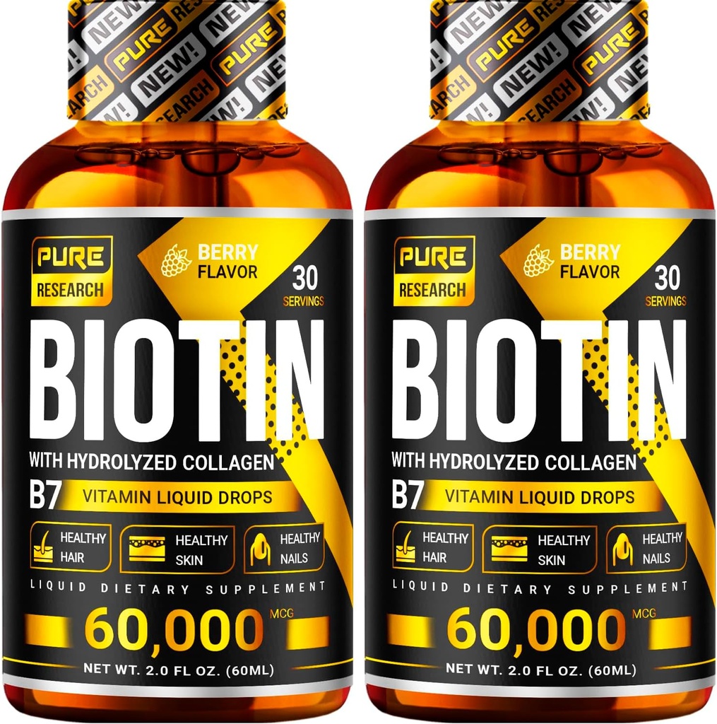 RECHERCHE SUR LA PURE Biotine et collagène 60.000mcg Pertes liquides de croissance des cheveux, soutient : Les ongles forts, la peau brillante, la croissance des cheveux sains, plus d'absorption que les capsules et les pilules (4Fl Oz)