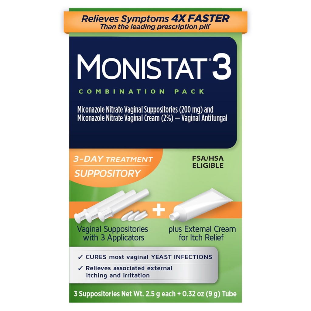 Monistat 3-Tage Hefe Infektion Behandlung für Frauen, 3 Miconazol Vaginal Suppositorien & Externe Itch Relief Creme (9g Tube) Combo Pack