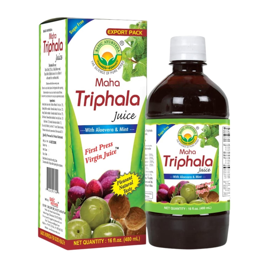 Basic Ayurveda Maha Triphala Juice mit Aloe Vera & Mint – 16 Fl Oz (480ml) | Natürliche Kräutergetränk | First Press Virgin Juice | Nein Hinzugefügt Zucker | Groß für den täglichen Gebrauch & Reinigung