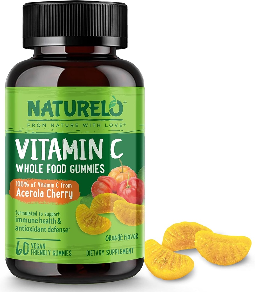 NATURELO Ganze Nahrung Vitamin C Gummie, Vitamin C von Acerola Kirsche, Pflanzenbasierte Ergänzung, 60 Vegan-Friendly Gummies