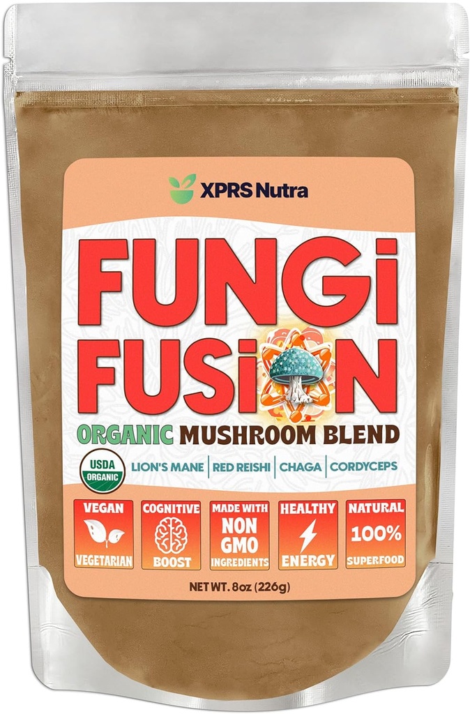 XPRS Nutra Fungi Fusion Organic Mushroom Powder Blend, Premium Blend of Lion's Mane, Reishi, Chaga, Cordyceps für Psychische Klarheit, Kognition, Energie und Immunität - 8 Unze