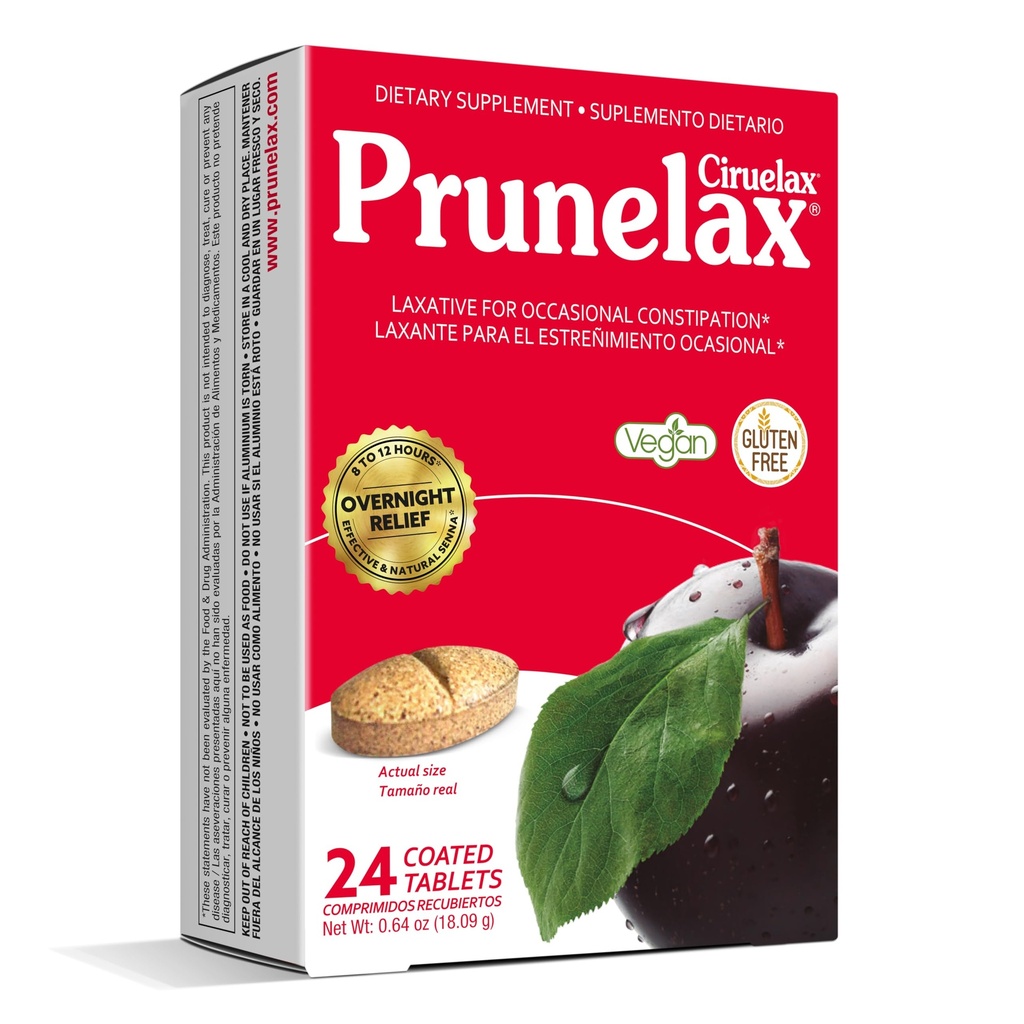 Prunelax Ciruelax Comprimés laxatifs à force régulière - Relief nocturne pour constipation occasionnelle, extrait de senna, végétalien et sans gluten, soulagement doux à action rapide - 24ct