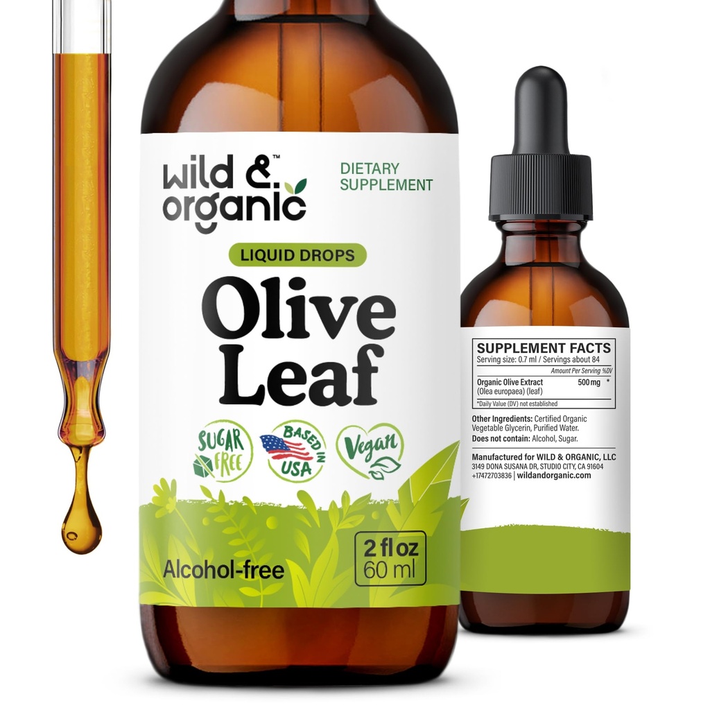 Extrait de feuille d'olive sauvage et biologique gouttes liquides - Antioxydants et immunosupport - Oleuropein olive supplément - Vegan, sucre et gouttes sans alcool - 2 fl oz
