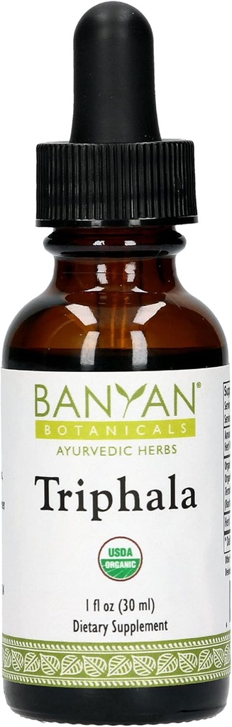 Extrait d'herbe liquide de Triphala de Banyan Botanicals – Extrait de Triphala biologique avec Amla, Haritaki et Bibhitaki – pour détox quotidien, régularité et rajeunissement* – 1oz. – Vegan non-OGM d'origine durable