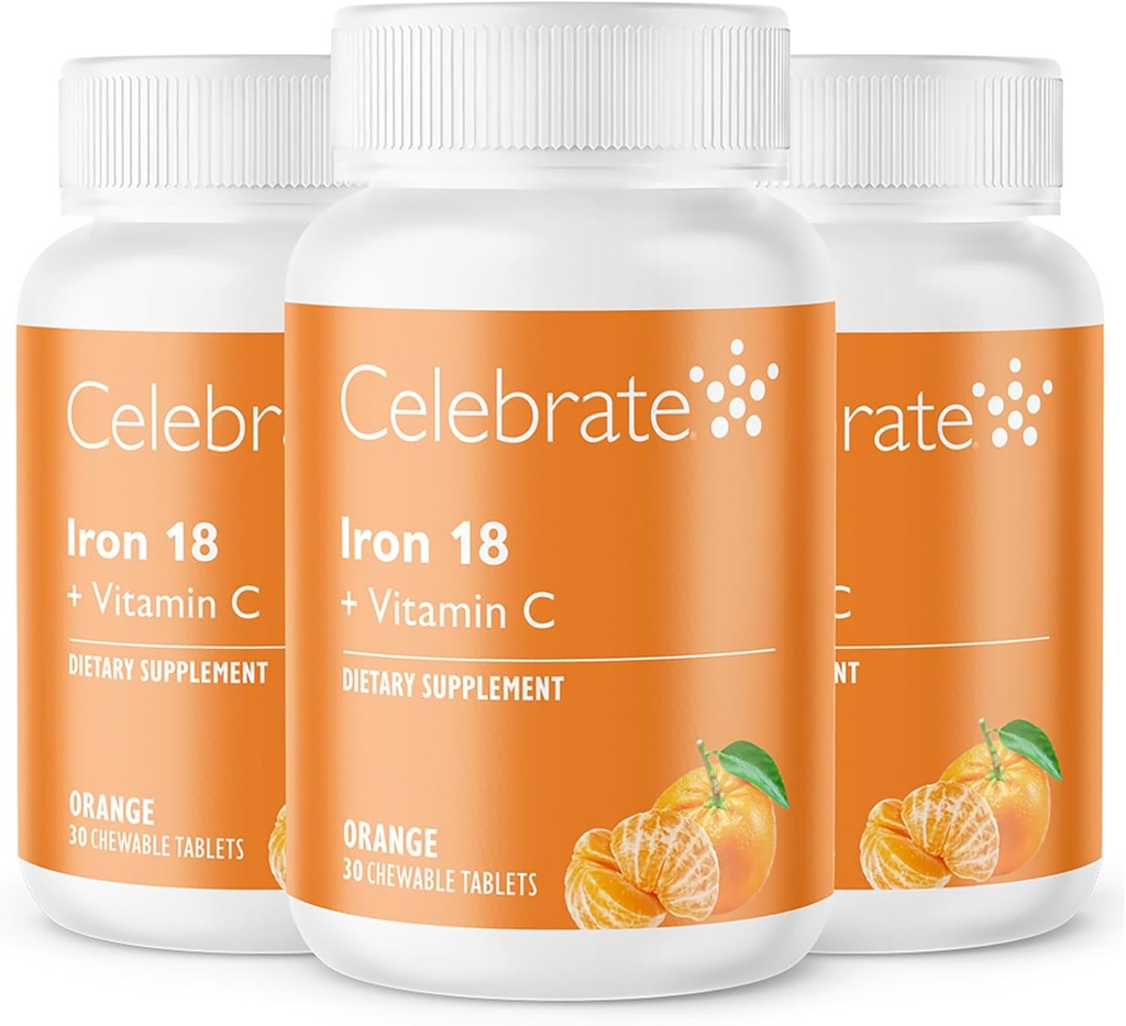 Celebrate Vitamine Eisenergänzung mit Vitamin C - 18mg Eisen, 36mg Vitamin C, Bariatric Vitamine für WLS-Patienten, Vertical Sleeve & Gastric Bypass Surgery – Tangerine, 90 Kautabletten