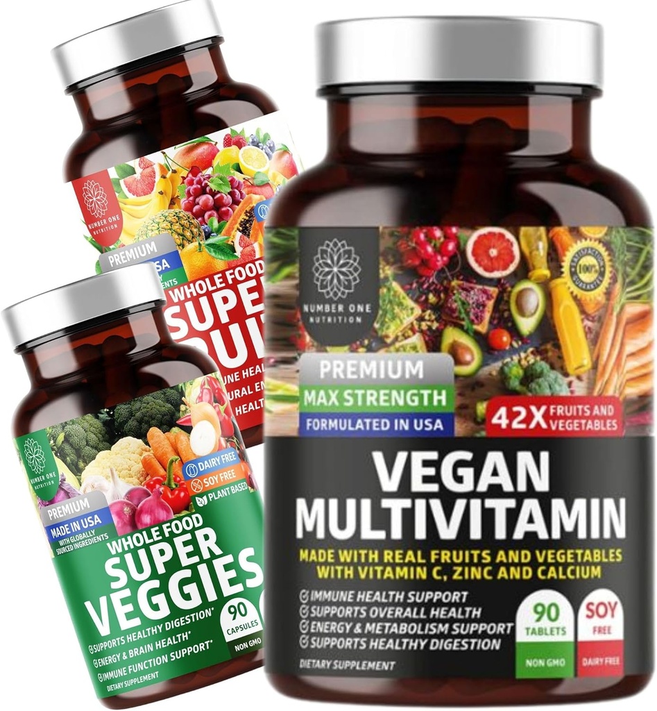 Number One Nutrition N1N Premium Super Fruits & Veggies Supplement [40 Ganze Lebensmittel] und Vegan Multivitamin [86 Zutaten, Pflanzen-Based], 2 Pack Bundle