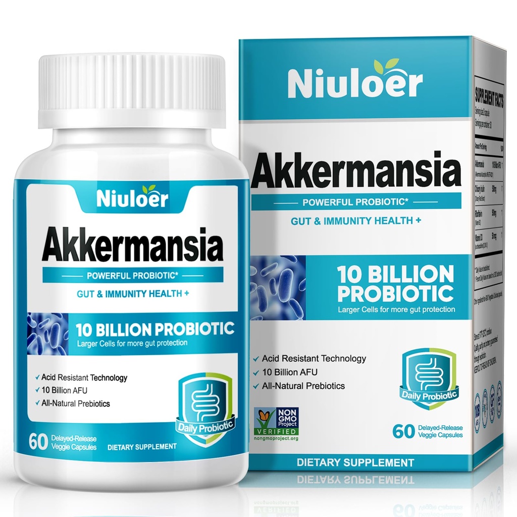 Akkermansia Probiotics, GLP-1 Probiotics pour les femmes et les hommes - 10 milliards d'UFU + Prébiotiques organiques, digestifs, gorgés, immunitaires et santé globale, améliore la fonction digestive de doublage Gut (60 capsules, 1-pack)