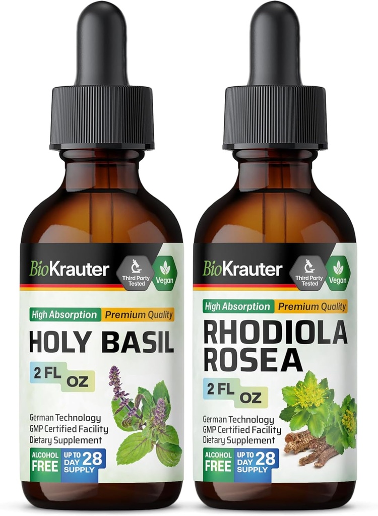 BIO KRAUTER Heilige Basilikum Tinktur 2 Fl. Oz. & Rhodiola Rosea Tinktur 2 Fl. Oz.
