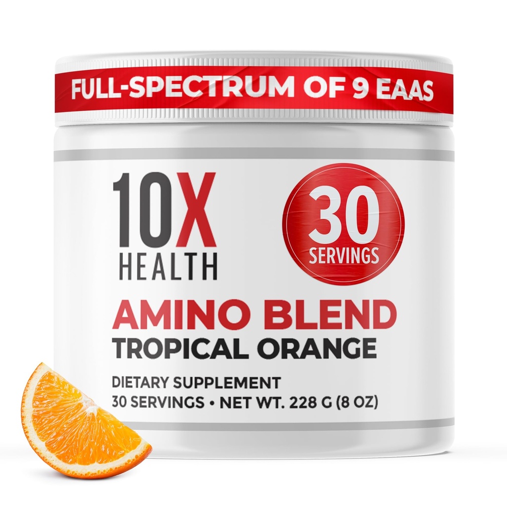 10X Acides aminés de santé - 30 portions de poudre d'EAA et BCAA, pré-entraînement BCAA avec supplément d'acides aminés essentiels - BCAA et AEA pour la longévité, le soutien musculaire, la force, l'énergie - orange tropical