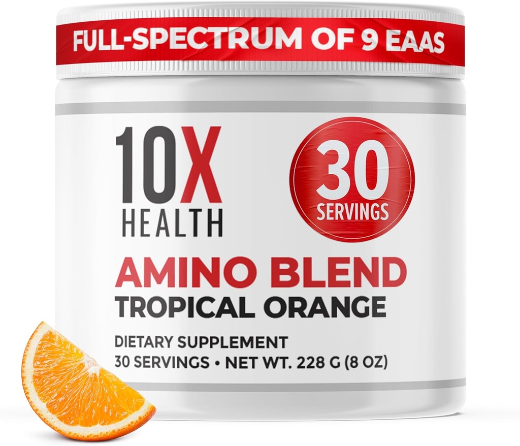 10X Health Amino Acids - 30 Portionen von EAA & BCAA Pulver, Pre Workout BCAA mit essentiellen Aminosäuren Supplement - BCAAs & EAAs für Langlebigkeit, Muskelunterstützung, Stärke, Energie - Tropical Orange