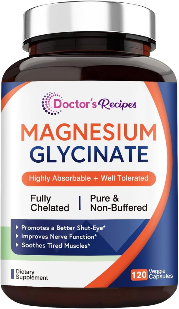 Doctor’s Recipes Magnesium Glycinate, Chelated & Non Buffered, Highly Absorbable, for Kids & Adults, for Relaxation & Sleep, Non GMO, 120 Vegan Caps