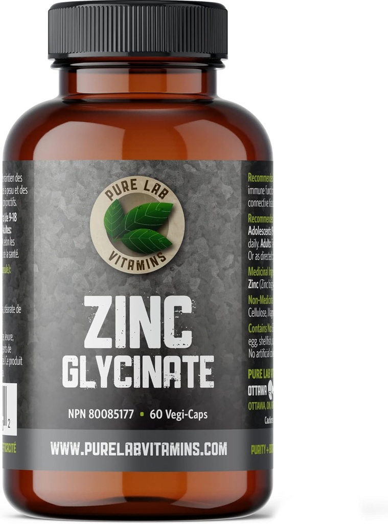 Zink Glycinat 23 mg Supplement - 60 Vegan Caps von Pure Lab Vitamins - Aminosäuresalz für gesunde Haut und Nägel - Unterstützt das Immunsystem, Prostata, Vision - Made in Canada