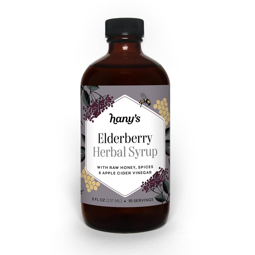 Hany's Harvest Elderberry Herbal Sirop – 8 fl oz) Tonique de bien-être tout naturel, vinaigre de cidre de pomme, miel cru et viennoiserie.