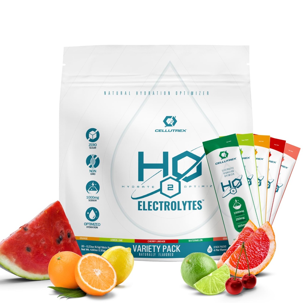 Cellutrex® H2O Elektrolyte – Elektrolyt-Pulver-Getränk-Mix, Null-Zucker, Natürliche Salz-Hydrotion-Packets für Erholung und Wellness, Vielfalt Pack, 20 Sticks