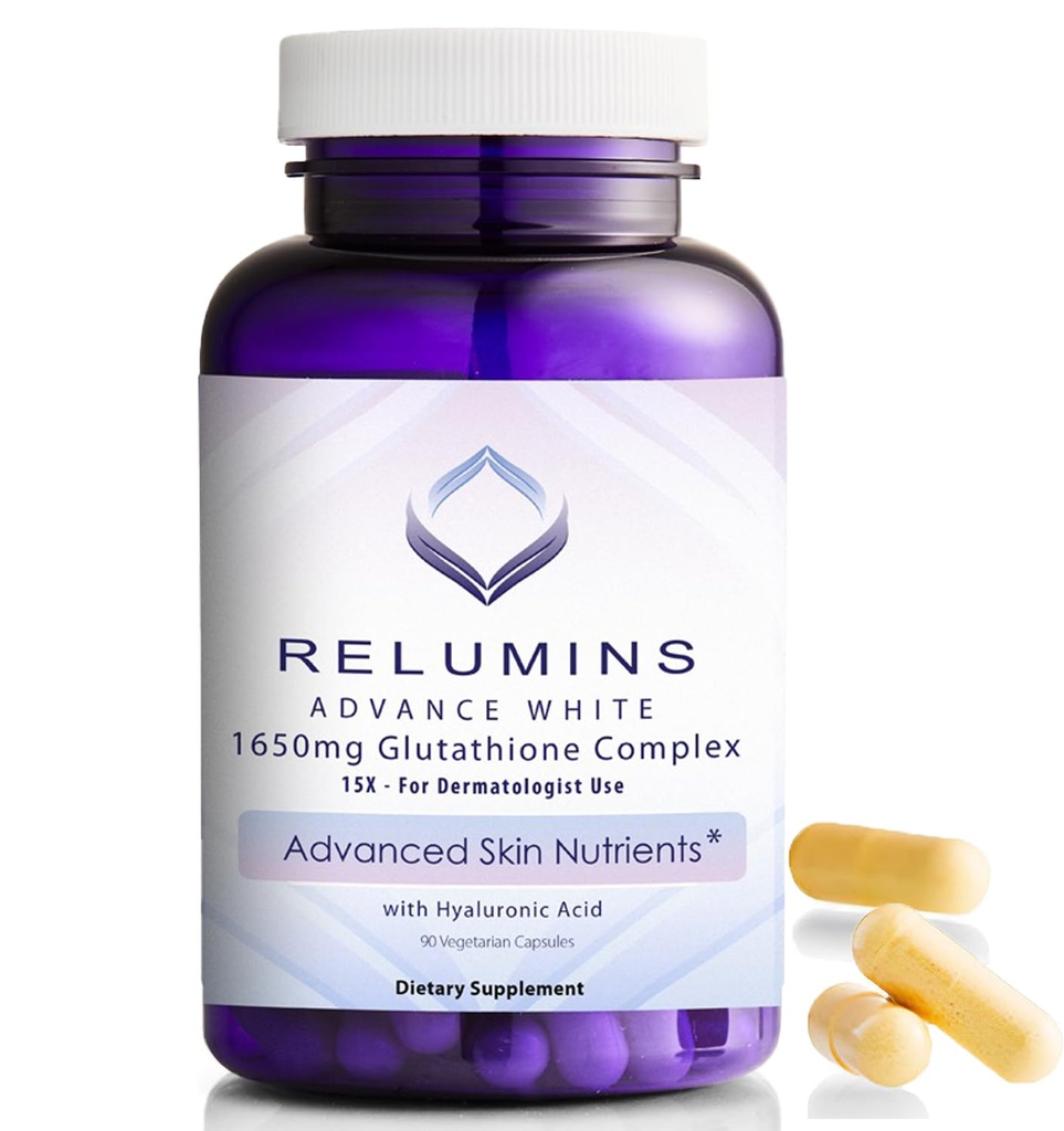 Relumins 1650mg Complexe L-Glutathion avec acide hyaluronique, acide alpha lipoïque, rose HIPS, vitamine E et Riboflavine – Soutien antioxydant, parfait pour obtenir un Glow Holiday, Fabriqué aux États-Unis – 90 Capsules