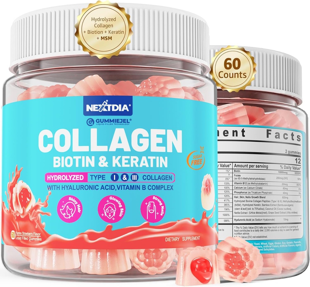 Multi Collagène Gommies remplis pour femmes Sans sucre Biotine 10000mcg, Multivitamines Peau de cheveux et ongles Vitamines pour la croissance des cheveux, avec collagène hydrolysé Peptide Keratin Acide Hyaluronique MSM Vitamine B