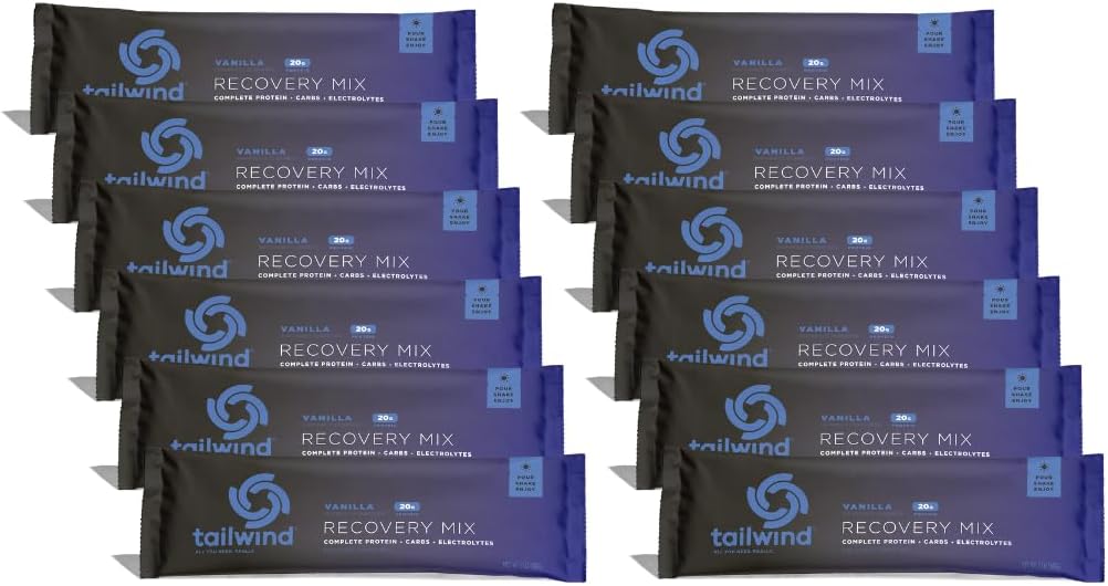 Tailwind Nutrition Recovery Mix, 20 Grams Protéines complètes, glucides et électrolytes Mélange de poudre pour après l'entraînement, sans gluten, soja et lait, végétalien, 12 portions, vanille