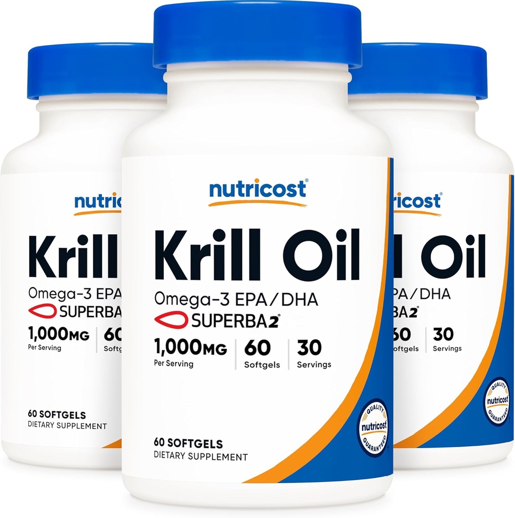 Nutricost Krill Öl 1000mg; 60 flüssige Softgels (3 Flaschen) - Omega-3 EPA-DHA