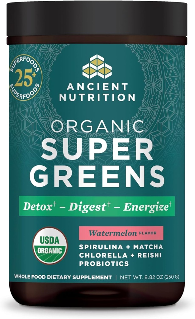 Antike Ernährung SuperGreens Pulver mit Probiotika, Organische Wassermelone Flavor Greens, Hergestellt aus echten Früchten, Gemüse und Kräutern, für Verdauungs- und Energieunterstützung, 25 Servietten, 8.82oz